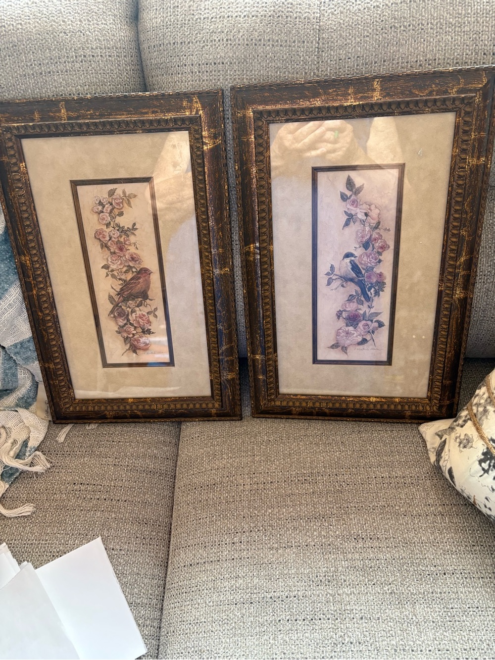 Pair of Framed Bird Floral Prints in Ornate Brown Gold Frames